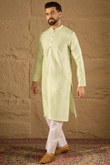 green silk blend embroidered straight kurta