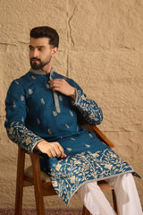 blue vertican solid embroidered straight kurta