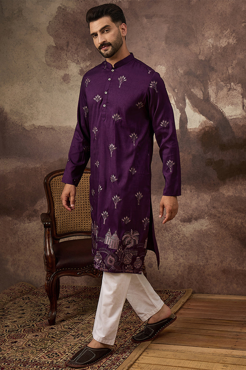 Purple Silk Blend Solid Embroidered Straight Kurta