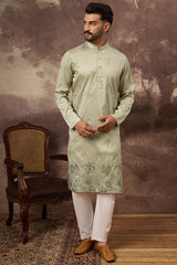 green silk blend solid embroidered straight kurta