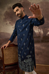 navy blue silk blend solid embroidered straight kurta