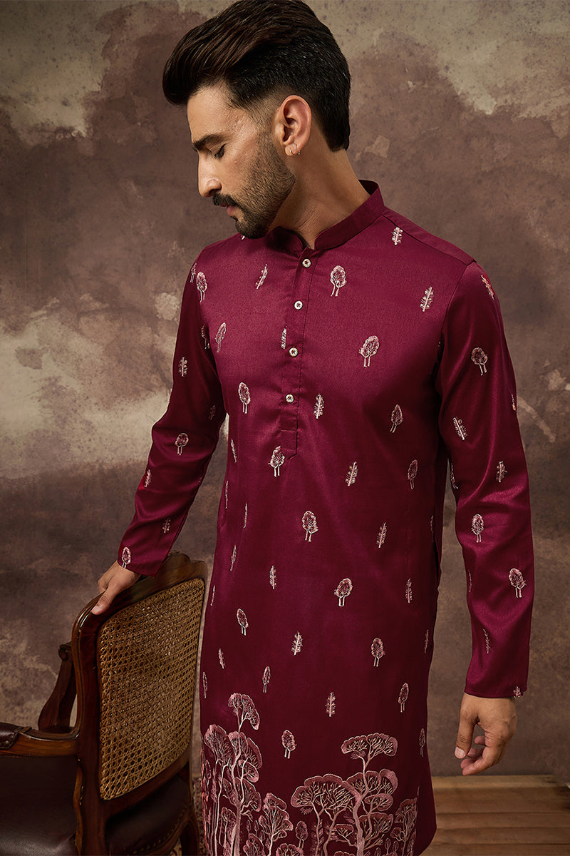 Maroon Silk Blend Solid Embroidered Straight Kurta