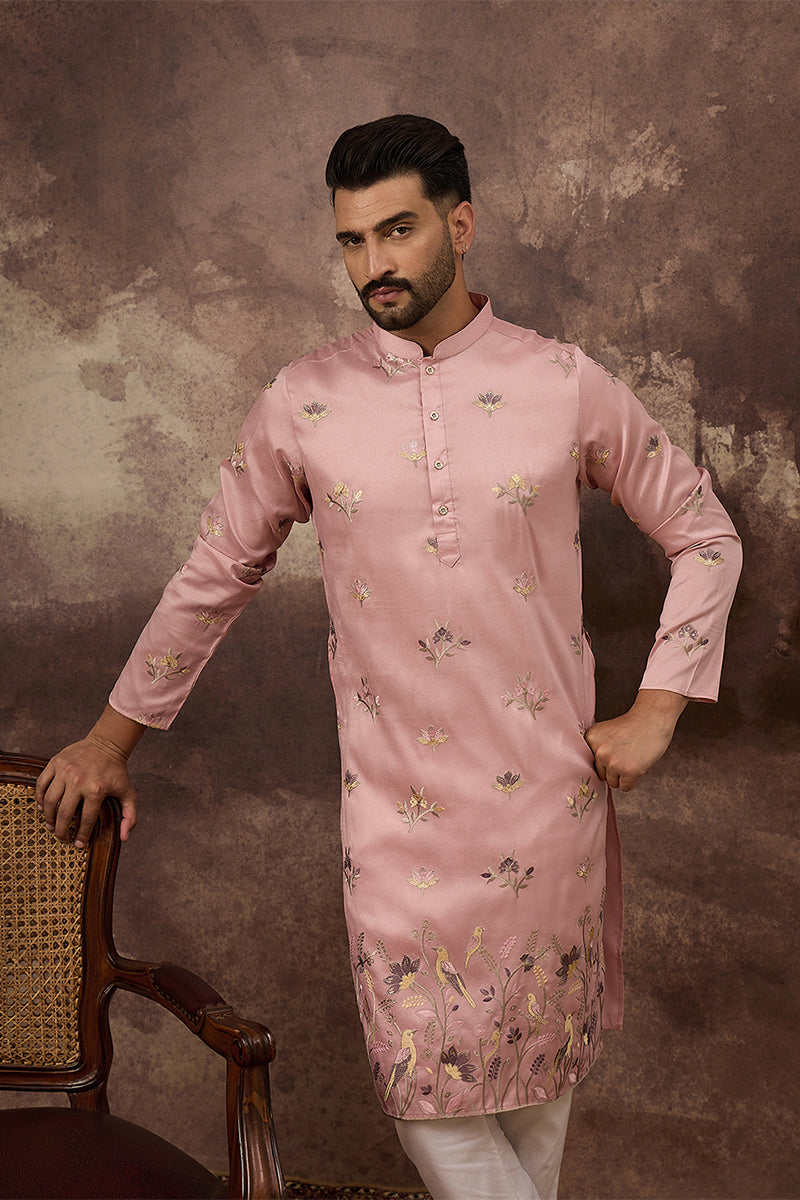Peach Silk Blend Solid Embroidered Straight Kurta