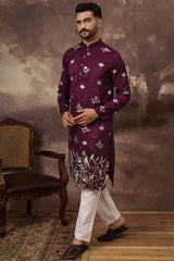 purple silk blend solid embroidered straight kurta