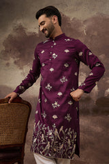 purple silk blend solid embroidered straight kurta