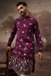 purple silk blend solid embroidered straight kurta