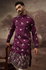 purple silk blend solid embroidered straight kurta