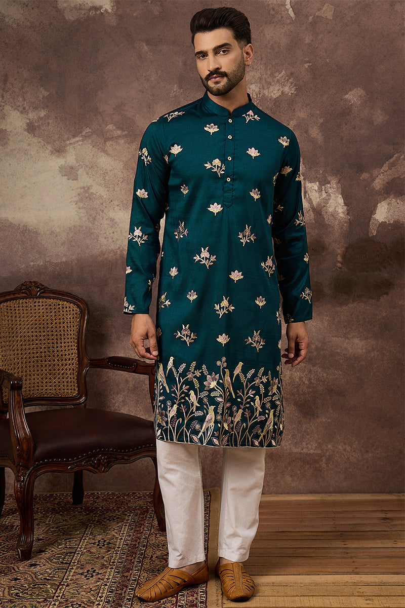 Blue Silk Blend Solid Embroidered Straight Kurta