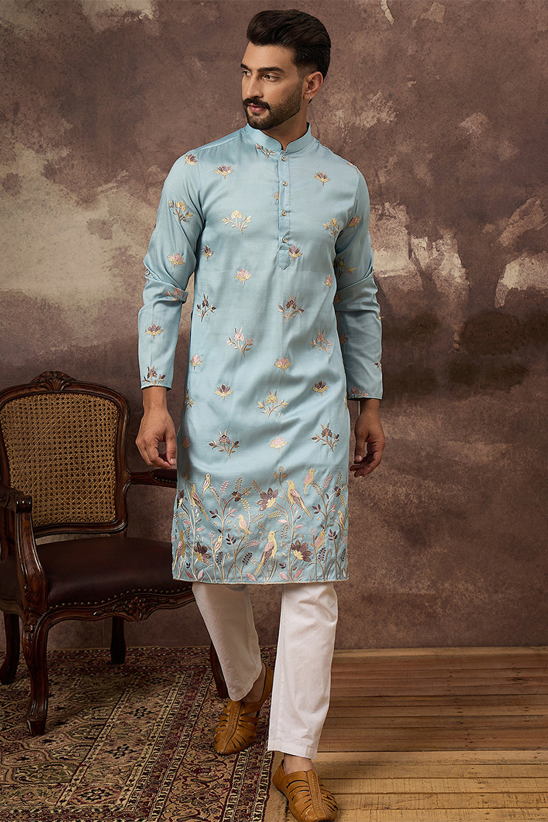 Blue Silk Blend Solid Embroidered Straight Kurta