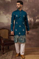blue silk blend solid embroidered straight kurta