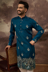 blue silk blend solid embroidered straight kurta
