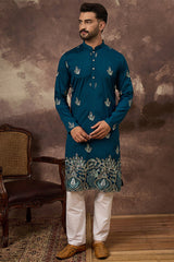 blue silk blend solid embroidered straight kurta