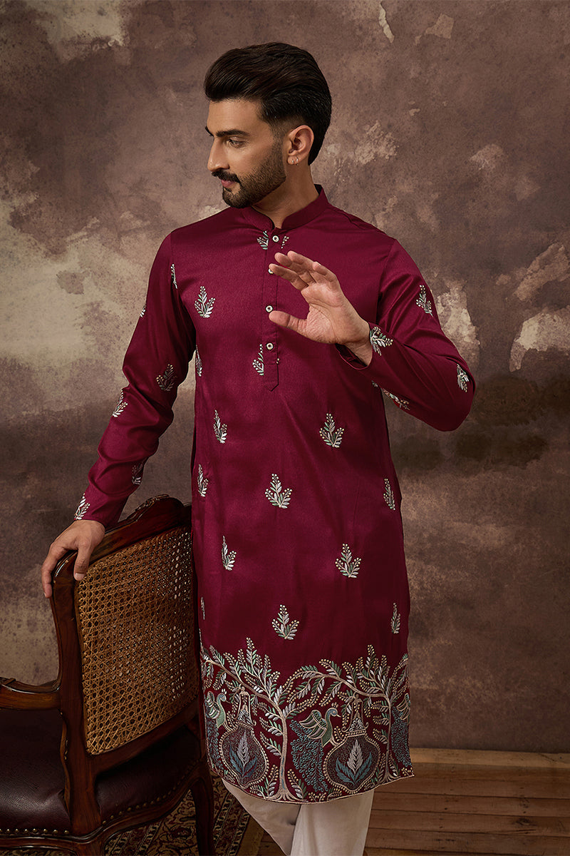 maroon silk blend solid embroidered straight kurta