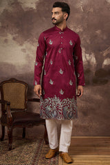 maroon silk blend solid embroidered straight kurta