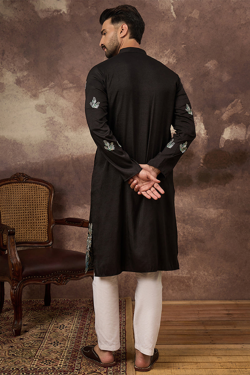 Black Silk Blend Solid Embroidered Straight Kurta