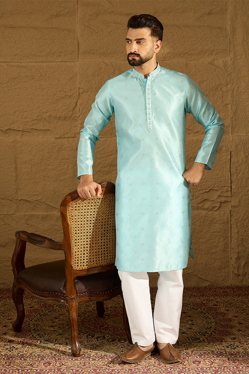 Blue Silk Blend Solid Woven Design Straight Kurta