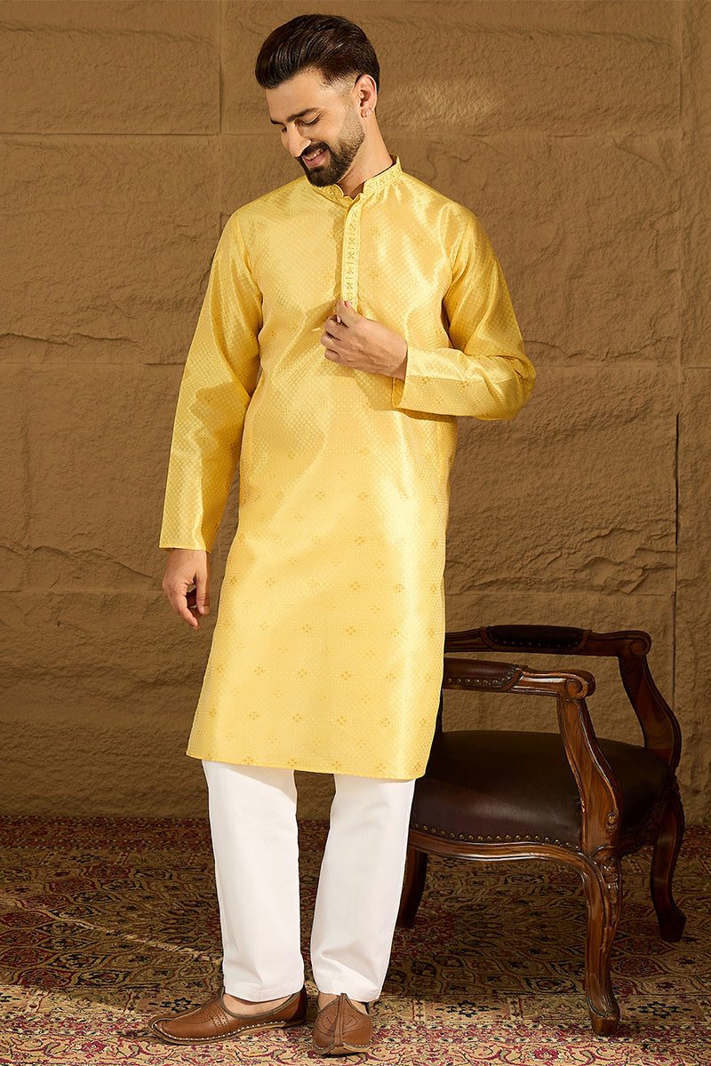 Yellow Polyester Solid Embroidered Straight Kurta
