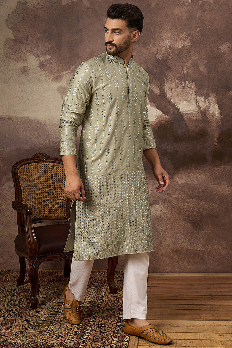 Green Viscose Rayon Solid Embroidered Straight Kurta
