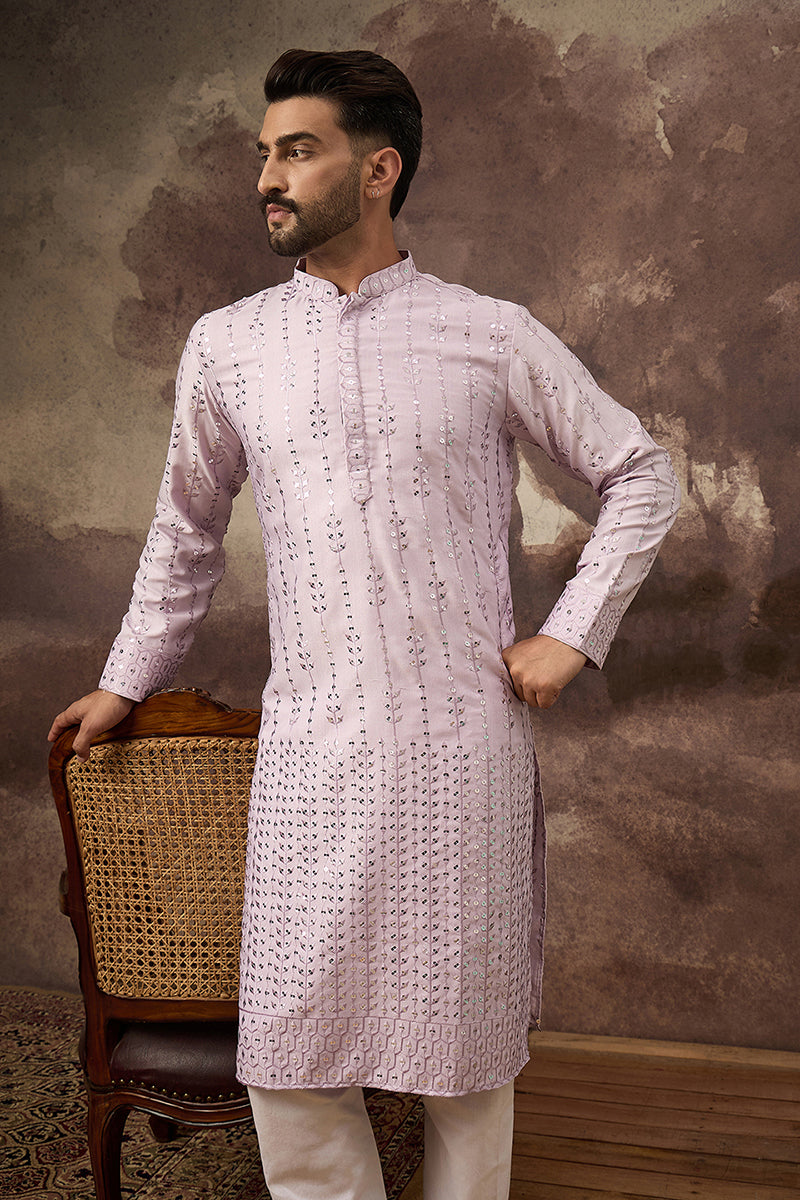 Lavender Silk Blend Solid Embroidered Straight Kurta