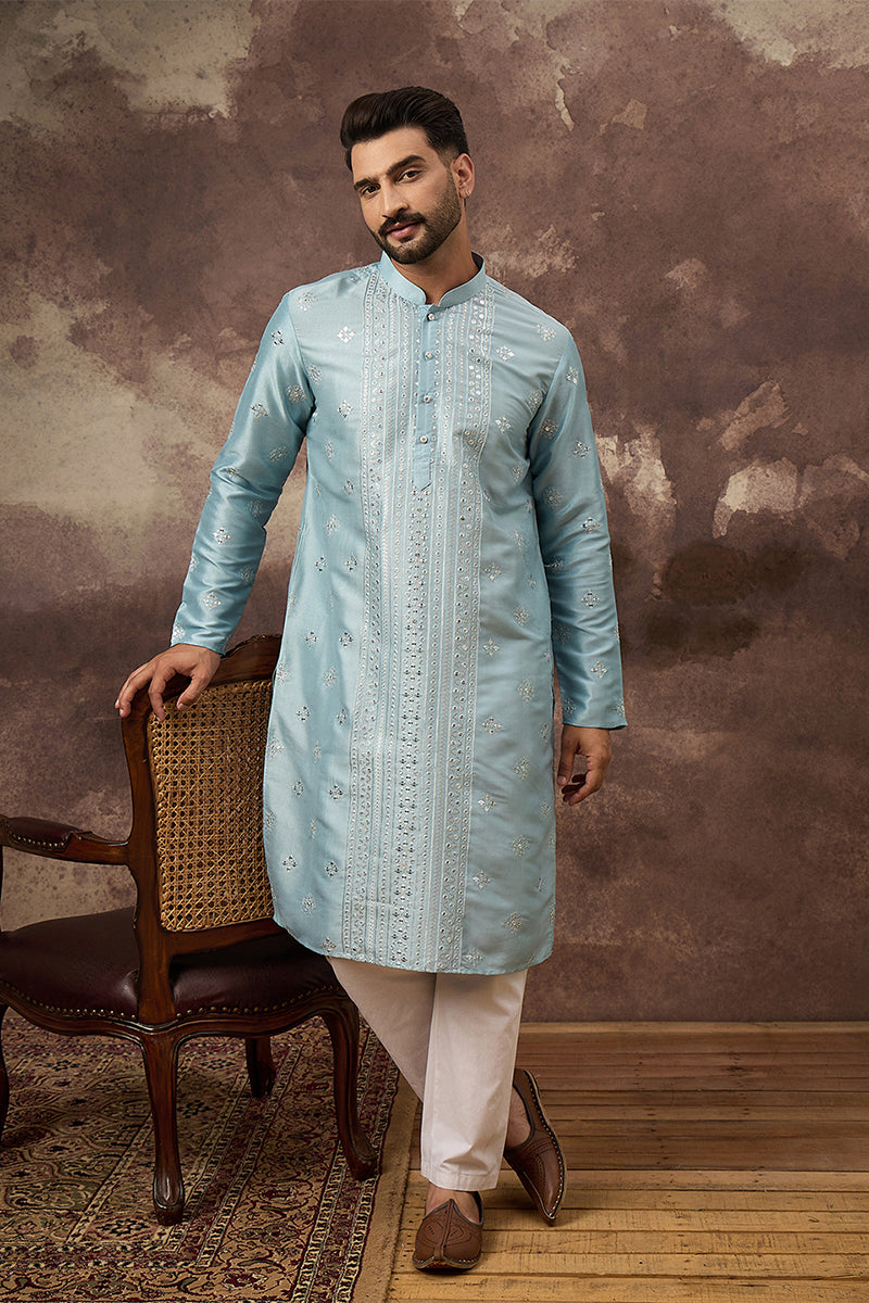 Blue Silk Blend Solid Embroidered Straight Kurta