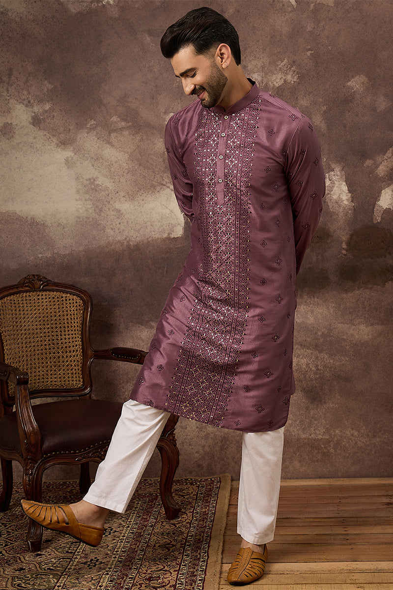 Mauve Silk Blend Solid Embroidered Straight Kurta
