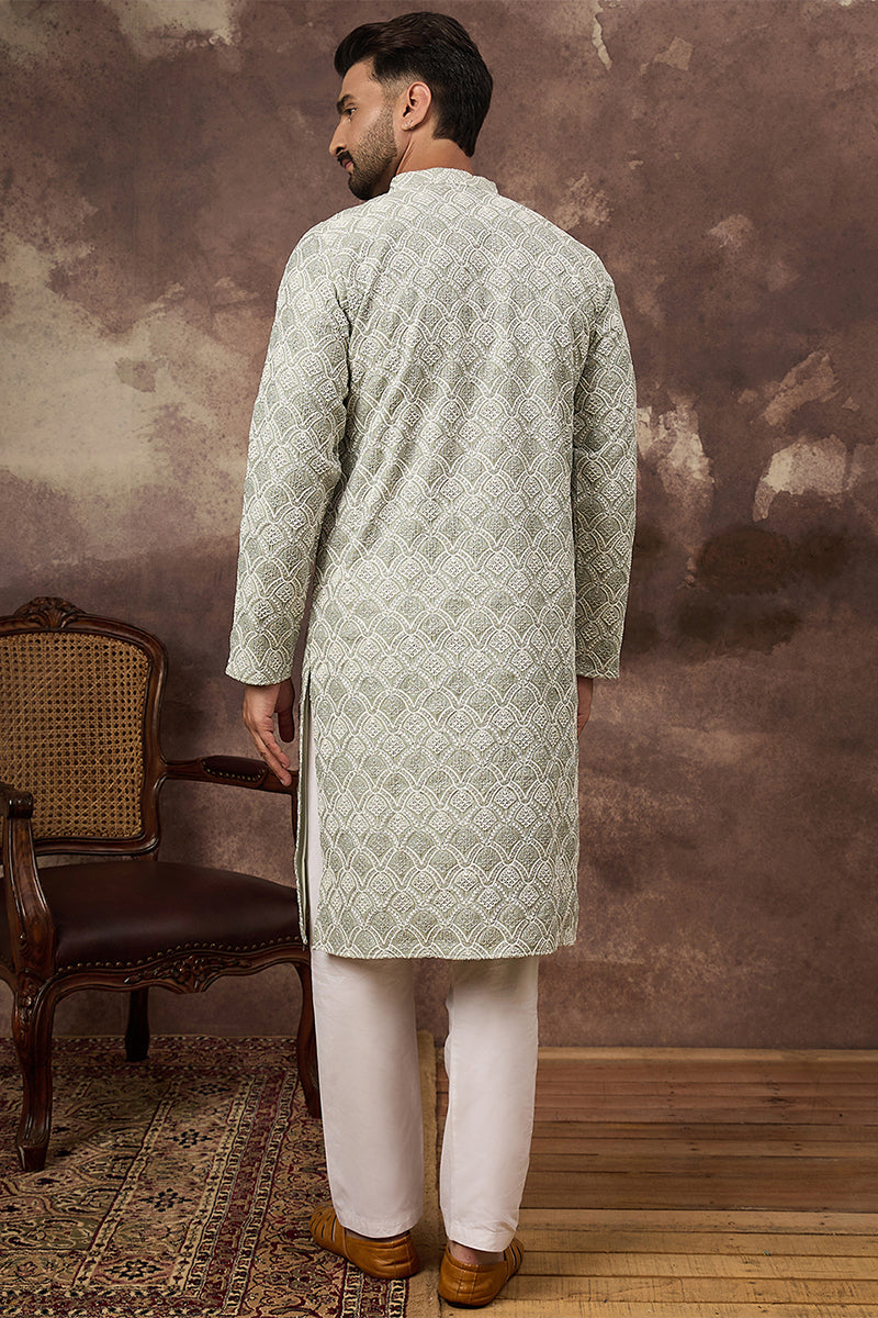 green viscose rayon solid embroidered straight kurta