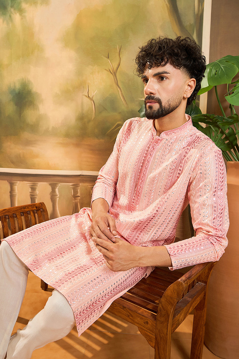 Mens Viscose Rayon Peach Solid Embroidered Kurta With Trouser