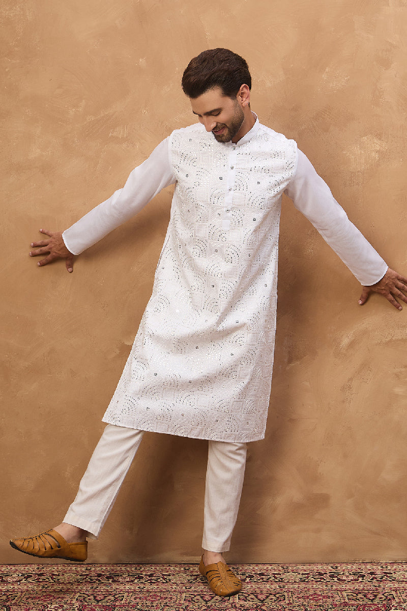 White Silk Blend Solid Embroidered Straight Kurta