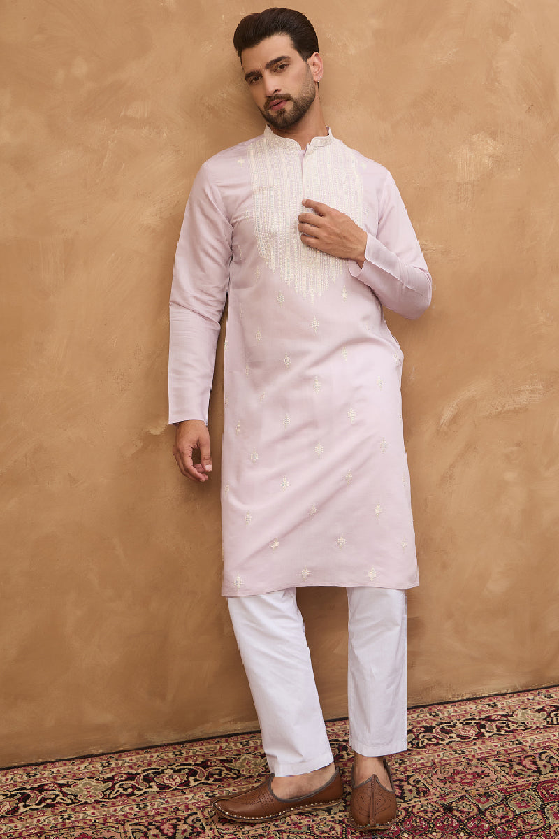 Lavender Silk Blend Solid Embroidered Straight Kurta With Pant Set