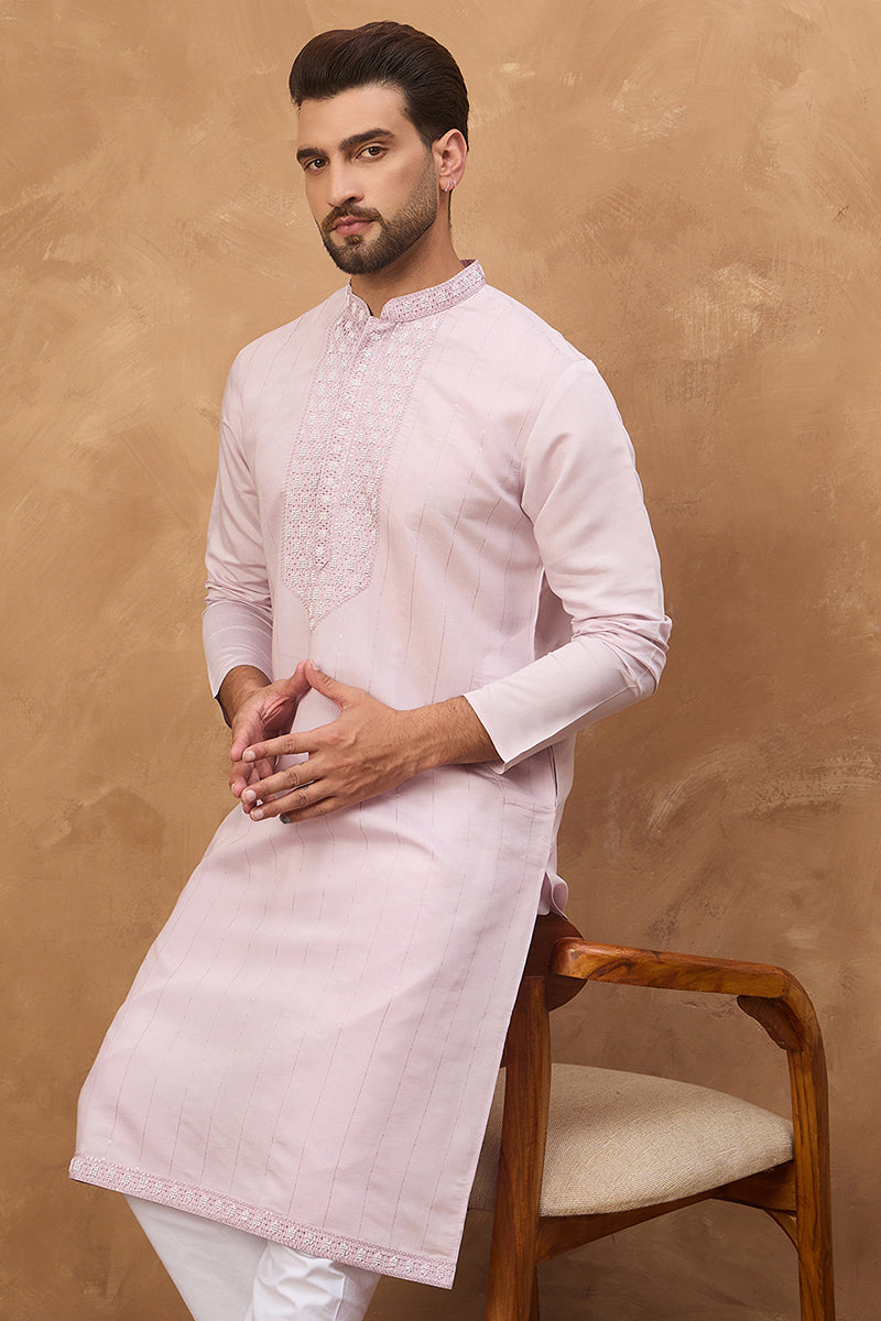 Lavender Silk Blend Solid Embroidered Straight Kurta