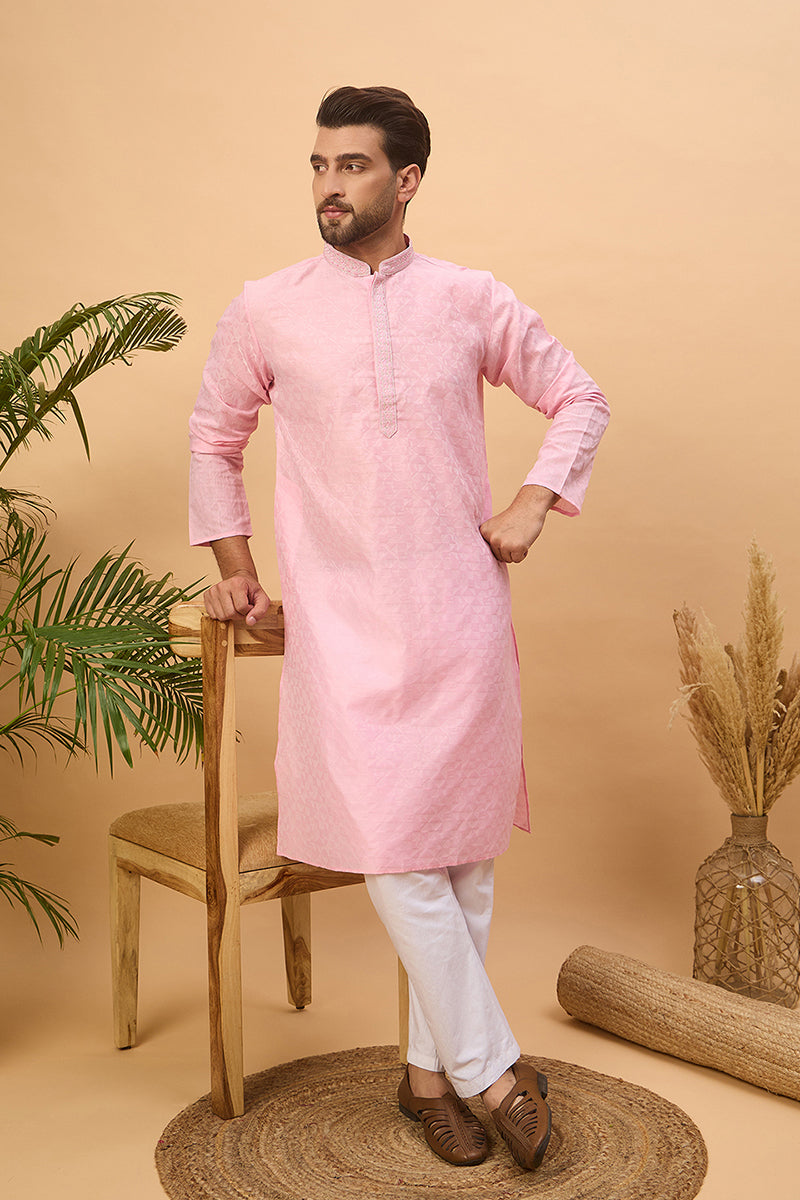 Pink Silk Blend Solid Embroidered Straight Kurta With Pant Set