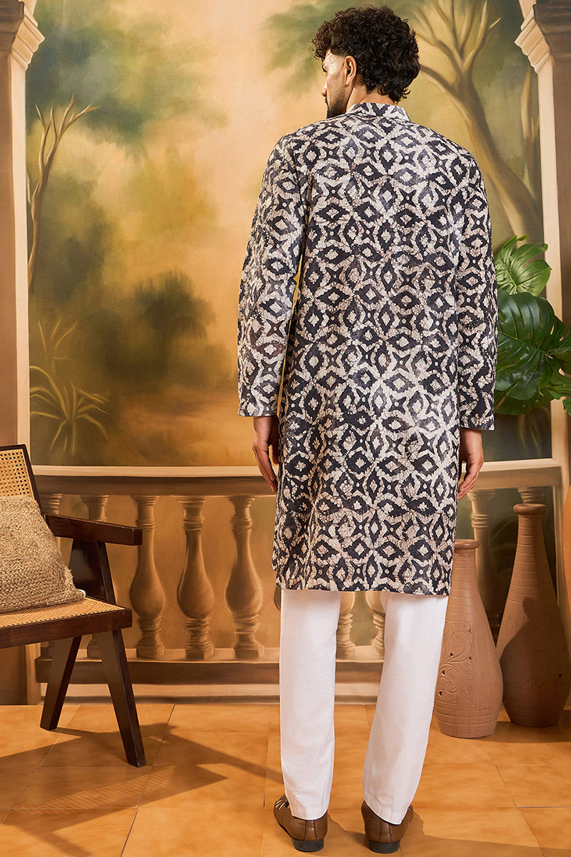 Blue Cotton Batik Embroidered Straight Kurta