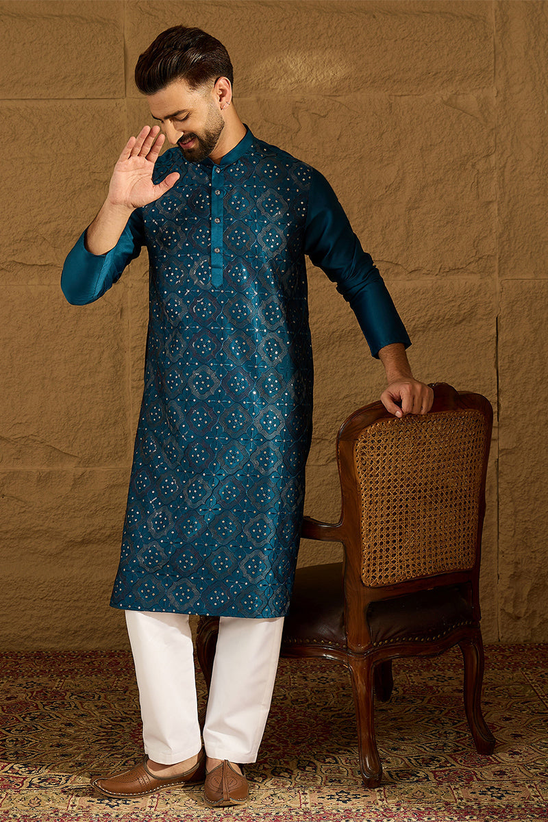 Blue Silk Blend Solid Embroidered Straight Kurta with Trouser