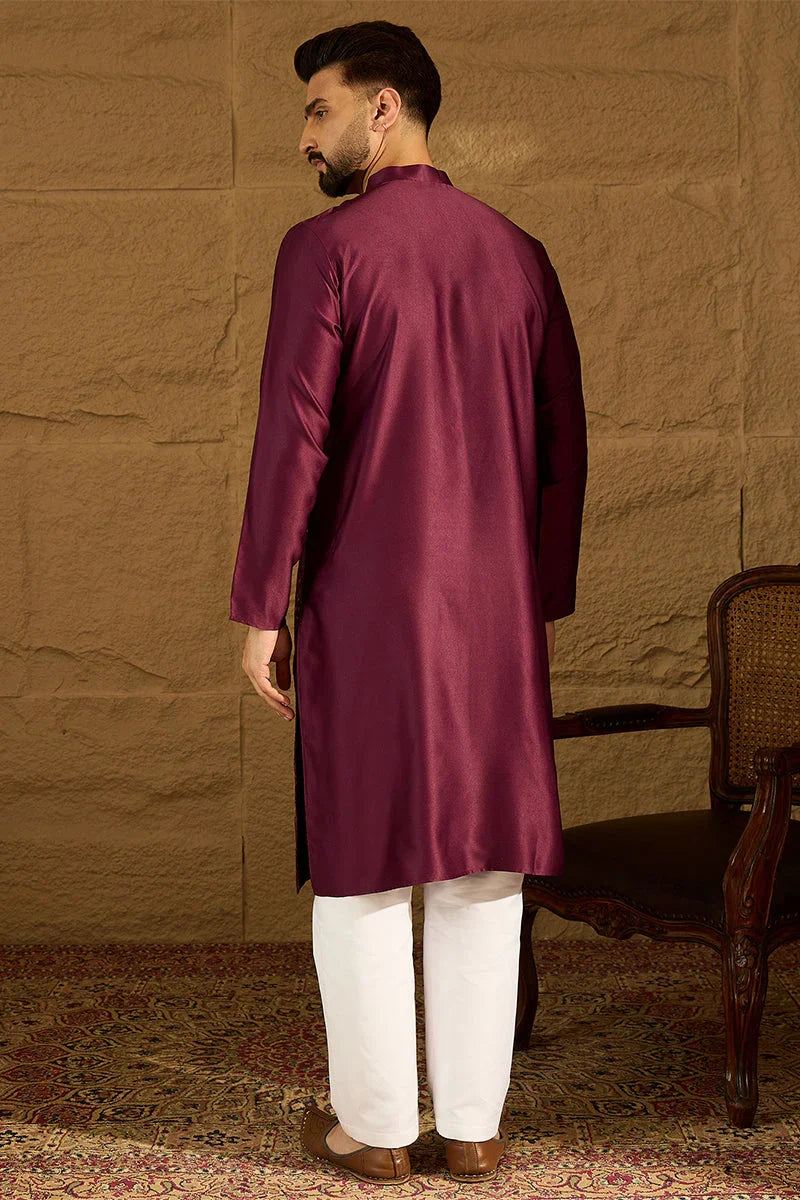 Purple Silk Blend Solid Embroidered Straight Kurta with Trouser