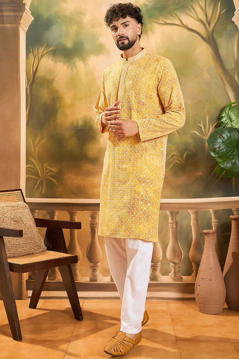 Yellow Viscose Rayon Shibori Embroidered Straight Kurta