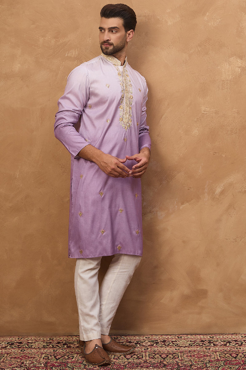 Purple Silk Blend Solid Embroidered Straight Kurta With Pant Set