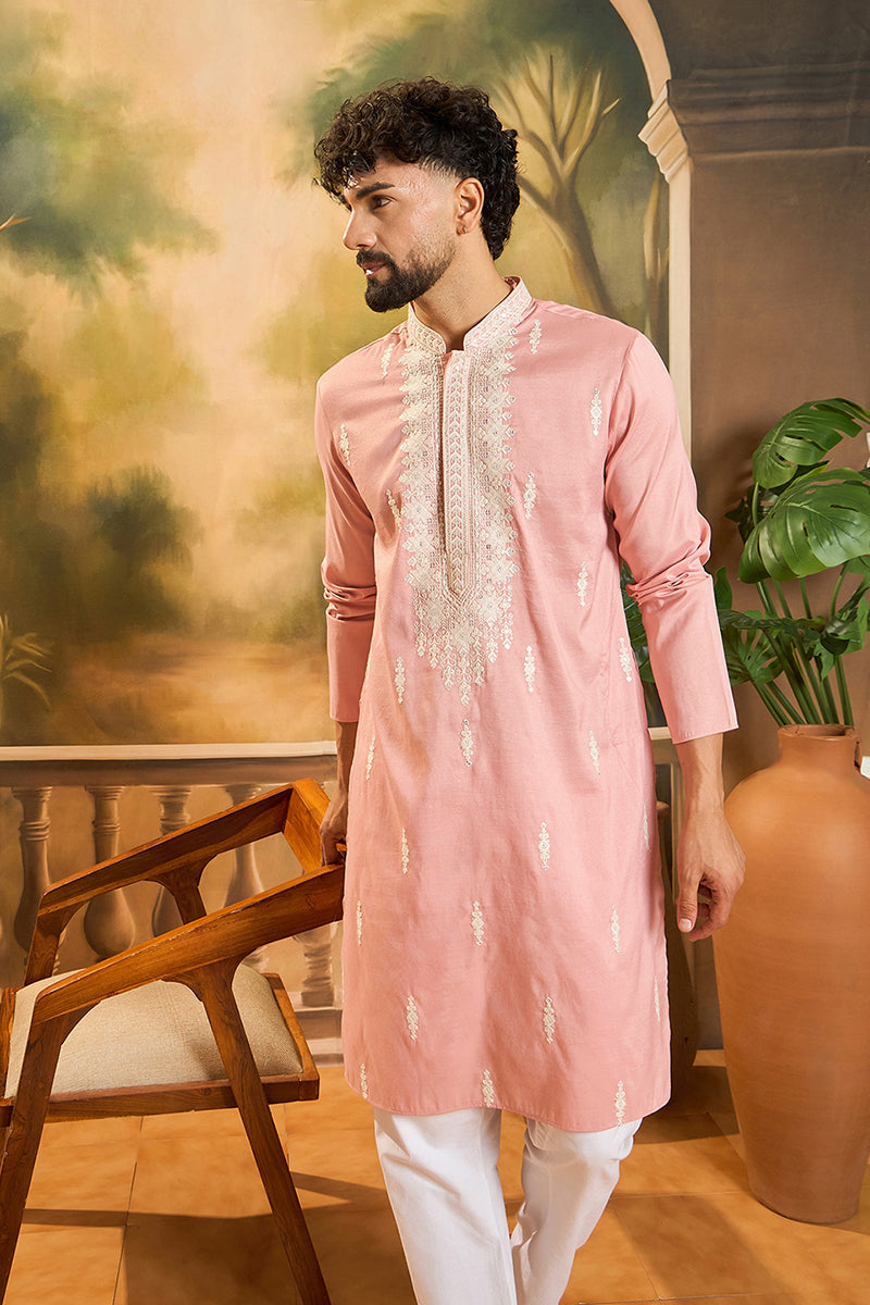 Peach Silk Blend Solid Embroidered Straight Kurta