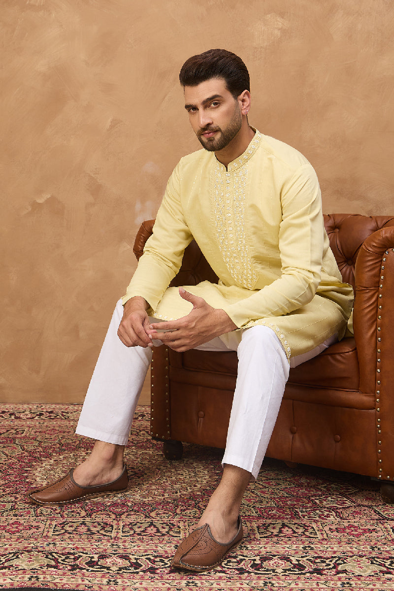 Yellow Silk Blend Solid Embroidered Straight Kurta With Pant Set