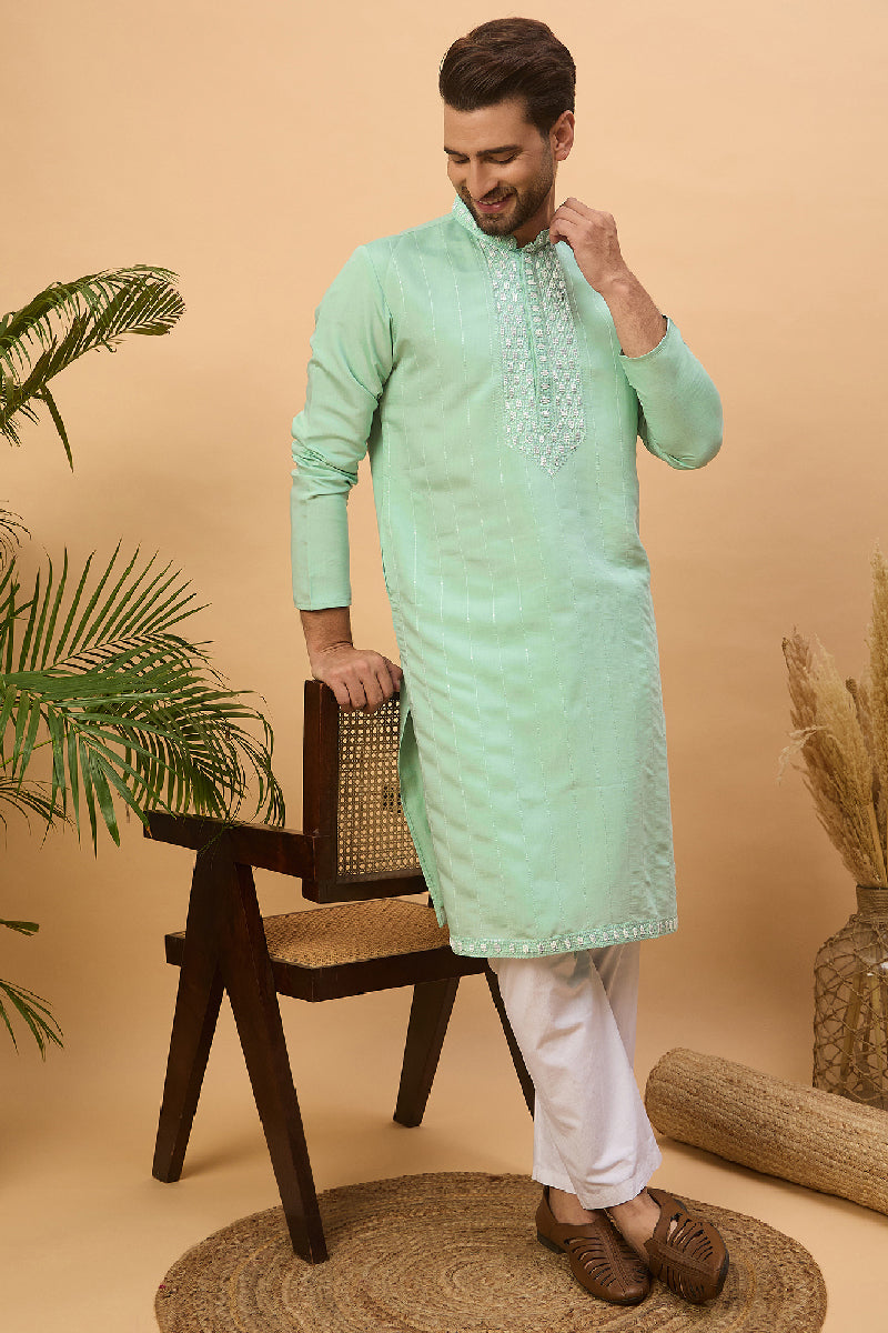 Blue Silk Blend Solid Embroidered Straight Kurta With Pant Set