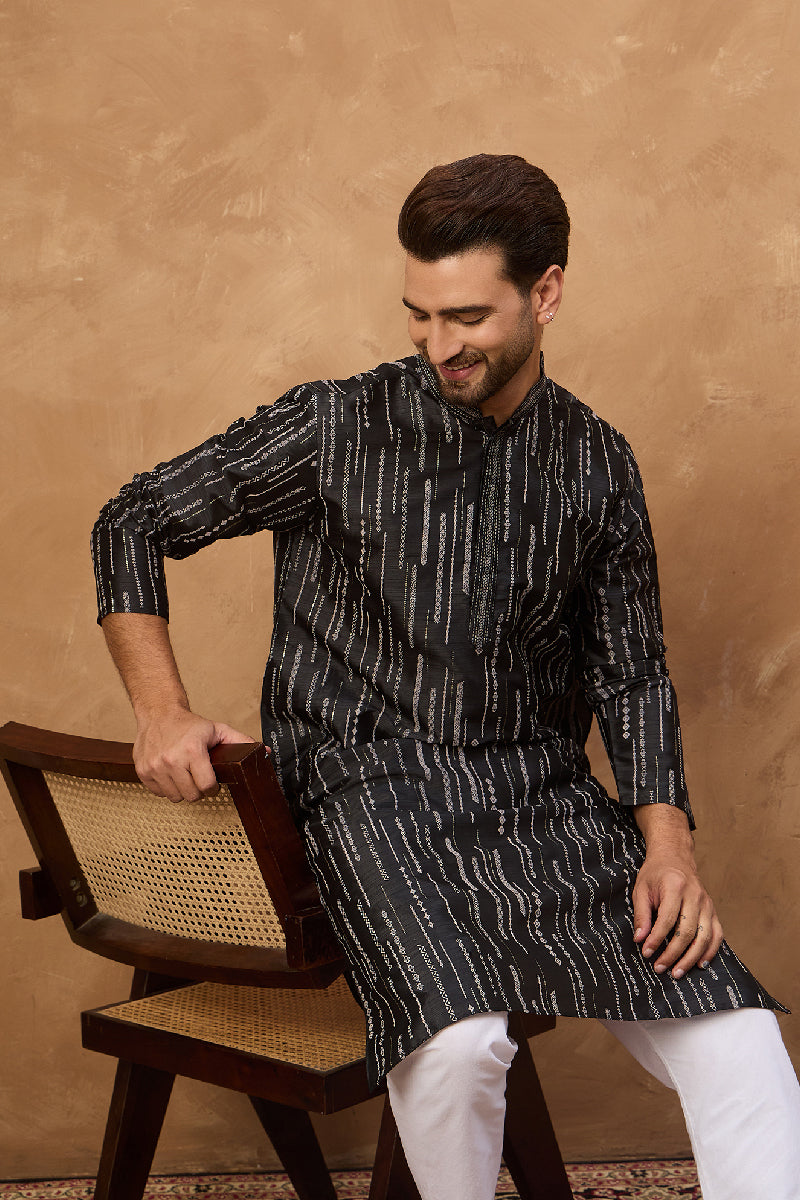 Black Silk Blend Geometric Printed Straight Kurta