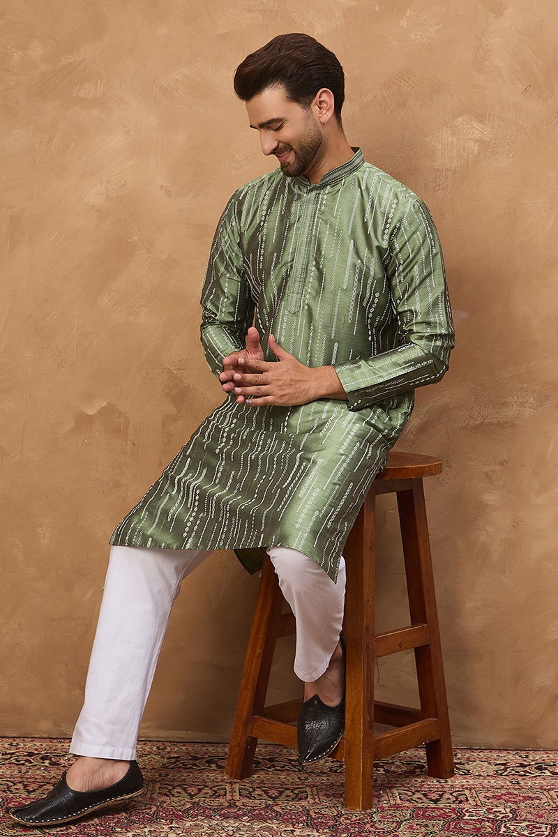 green silk blend geometric embroidered straight kurta
