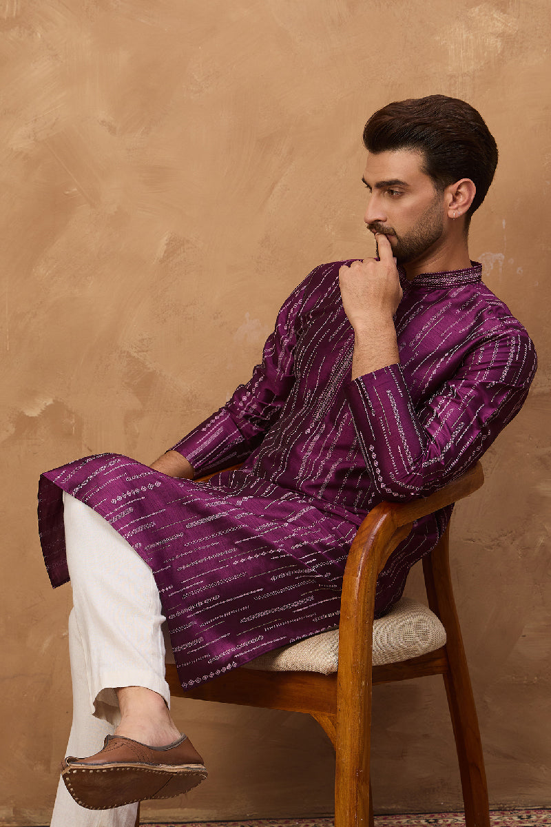 Purple Silk Blend Geometric Printed Straight Kurta With Pant Set