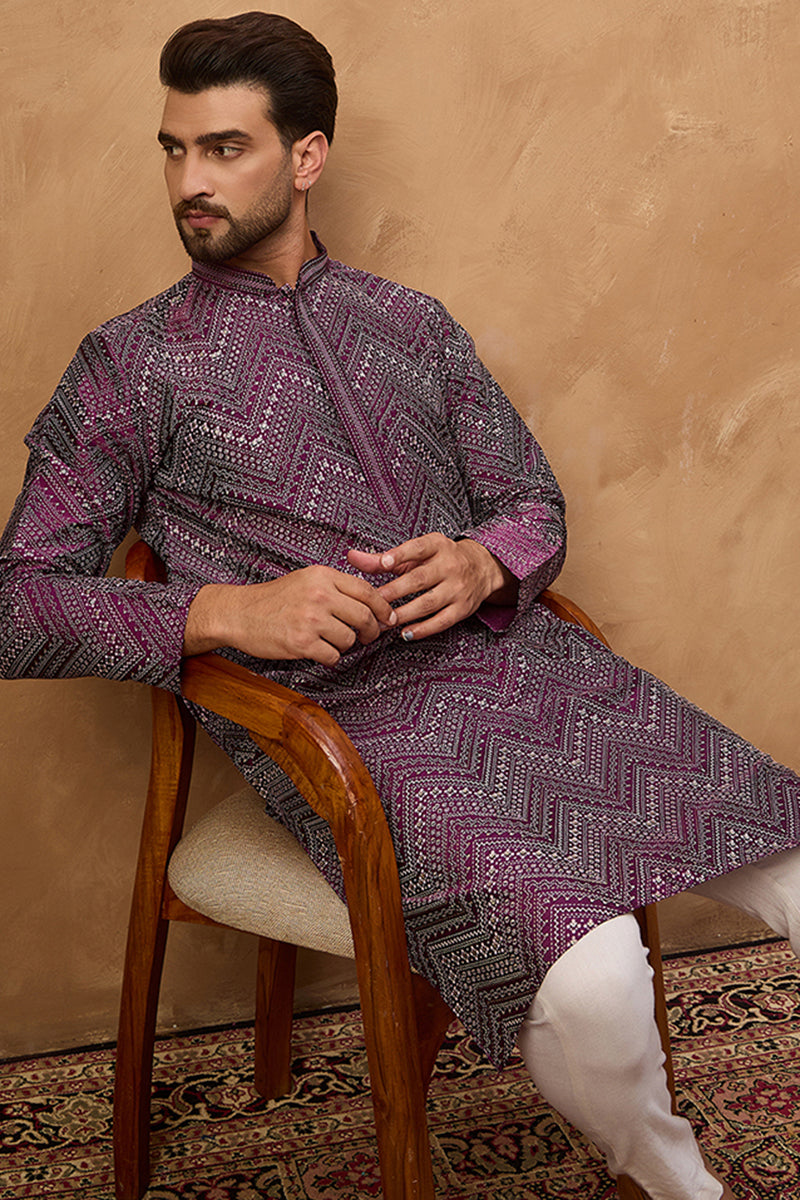 purple silk blend geometric printed straight kurta