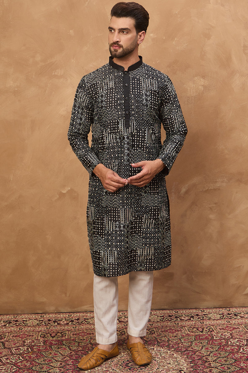 Black Silk Blend Geometric Printed Straight Kurta With Pant Set
