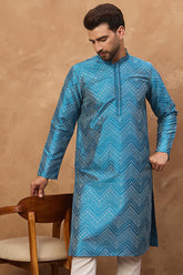 blue silk blend geometric printed straight kurta