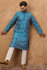 blue silk blend geometric printed straight kurta