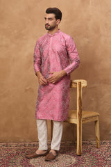 pink silk blend geometric printed straight kurta with pant set