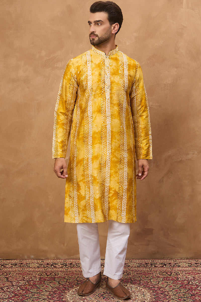 Yellow Silk Blend Shibori Embroidered Straight Kurta With Pant Set