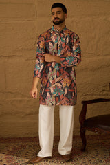 grey silk blend floral printed straight kurta with trouser