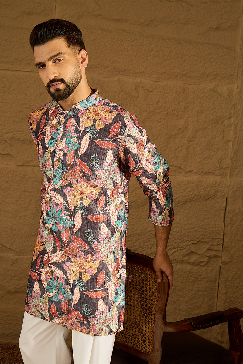 grey silk blend floral printed straight kurta with trouser